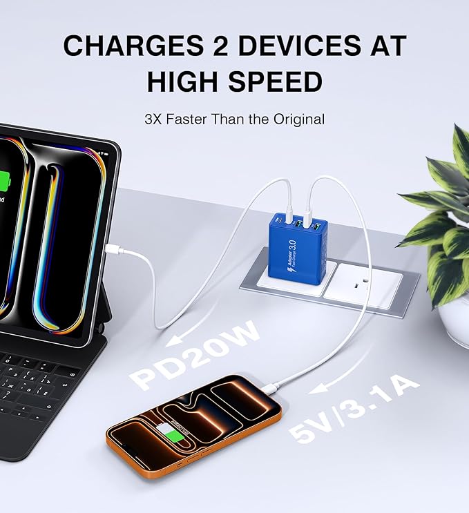 USB C Wall Charger, 50W USB C Charger Block 2-Pack 5-Port PD Fast Charging Blocks,Multiport 2USB C+3USB A Plug,Type C Power Adapter Brick Cube for iPhone 17/16/15/14/13,Samsung,for Switch（Dark Blue）