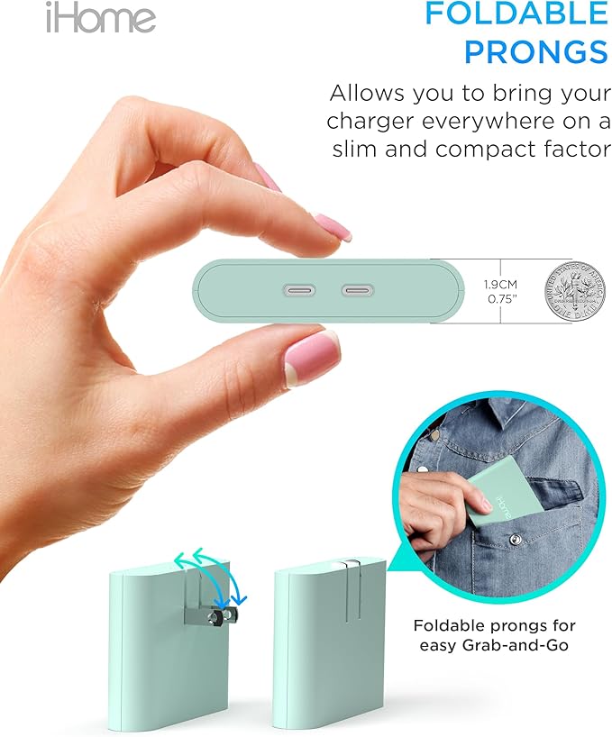 iHome Multiport 40W USB-C Charger, AC Pro 2-Port Flat Block, Dual Fast Charging Wall Adapter