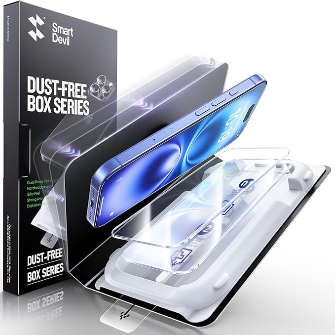SMARTDEVIL 3 Pack Screen Protector for iPhone 16 Plus, Bubble-and-Dust-Free Box, HD Tempered Glass, Military Grade Shatterproof & Ultra Durable, Easy Installation