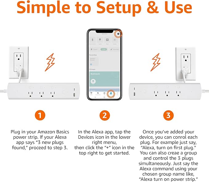 Amazon Basics Smart Plug Power Strip with 3 Individually Controlled Outlets and 2 USB Ports (1 USB-A and 1 USB-C), Works with Alexa Only, 2.4 GHz Wi-Fi, No Hub Required, White