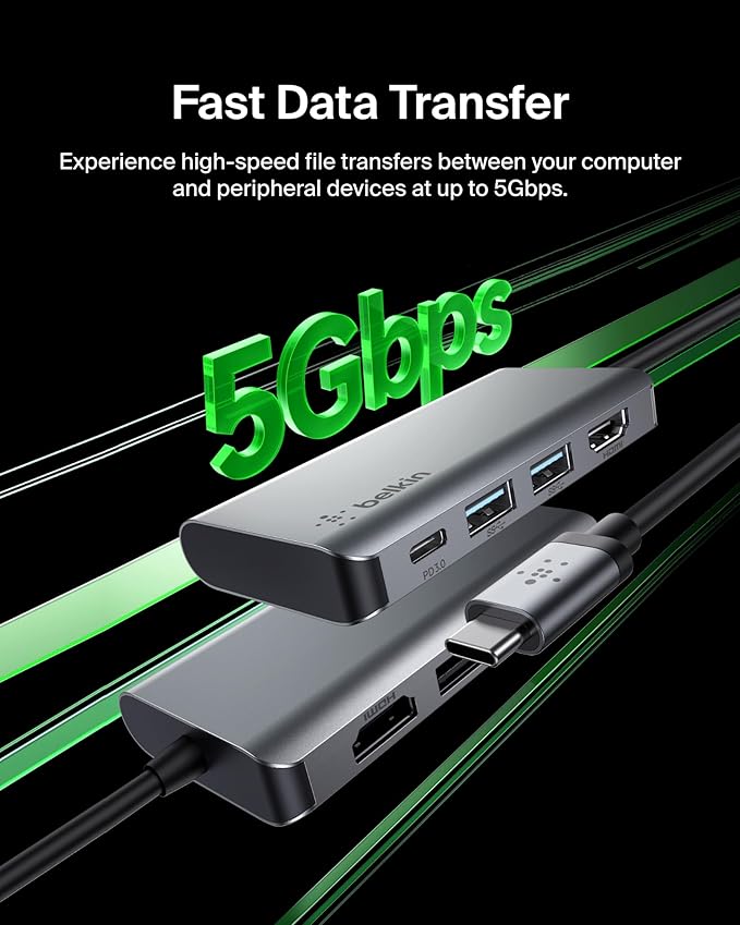 Belkin USB C Hub, 4-in-1 Multi-Port Laptop Dock with 4K HDMI, USB C Docking Station with 100 Watt Pass-Through Power Delivery, 2 X USB A Ports For MacBook Pro, Air, iPad Pro, Chromebook and More