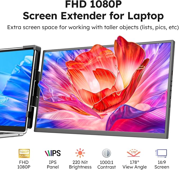 Laptop Screen Extender, 15.6" FHD 1080P IPS External Portable Monitor for Laptop, Plug & Play Dual Screen Monitor for 13"-17" Laptops, Compatible with Mac, Wins, Chrome, Android, Dex