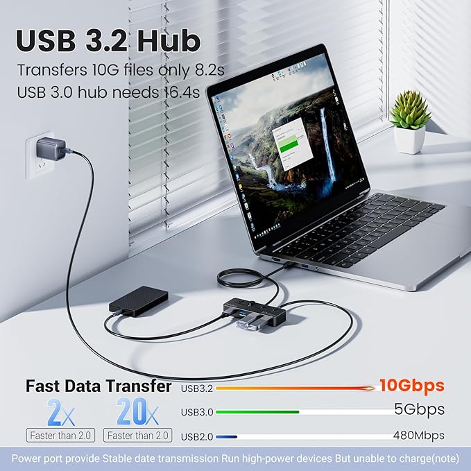 Qeefun 4-Port USB 3.2 Hub, Individual LED Power Switches, 10Gbps Data Transfer USB 3.2 Gen 2 Splitter with 4ft Extension Cable, Multiple USB Extender for Laptop, PC, iMac, USB Flash Drives and More