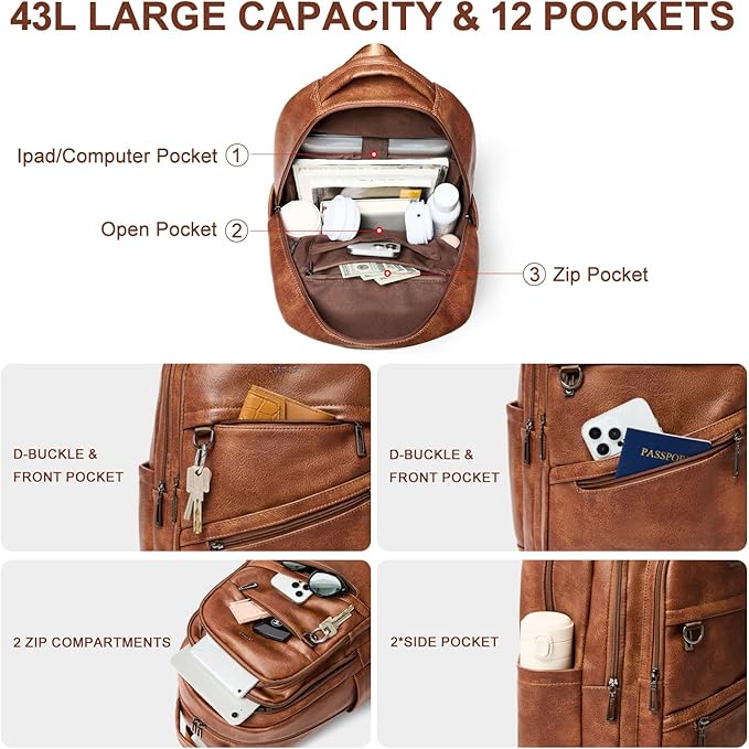 43L Backpack for Women Men - Vegan Leather Backpack Purse Travel Carry-on Bag College Bookbag Work fits 17" Laptop, Brown