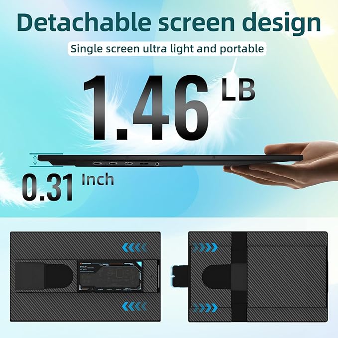 ROYY Laptop Screen Extender Dual Monitor - 15.6" Portable Monitor FHD 1080P IPS 85% NTSC Detachable Screen Extended Extra USB-C/HDMI Port Compatible with Wins Mac Dex Chrome Fits 13"-17" Laptops