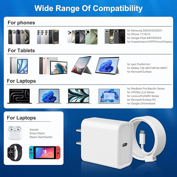 iPhone 17 16 15 Charger Fast Charging, 3 Pack PD 20W USB C Charger with 10FT Cord, USB C Cable Type C Chargers Block for iPhone 17/17 Pro/17 Pro Max/16/16 Plus/16 Pro/16 Pro Max/15/15 Pro（White）