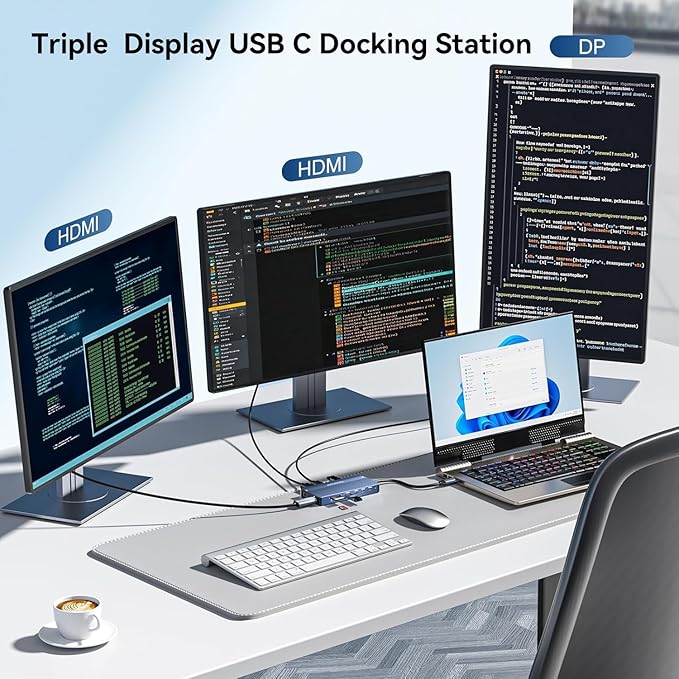 USB C Hub USB C Docking Station Dual Monitor14-IN-1 Triple Display Multiport Adapter with 2*HDMI +DP + 5*USB-A/C 10Gbps Ports+Ethernet +SD/TF Laptop Docking Station for HP/Dell/Lenovo/Thinkpad (Gray)