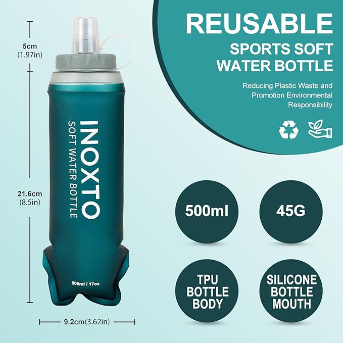 INOXTO Soft Flask,Collapsible Soft Water Bottles for Hydration Vests and Running Packs, Soft Flask Running Bottles for Hiking Cycling(250/500 ml) (2 PCS 500ML)