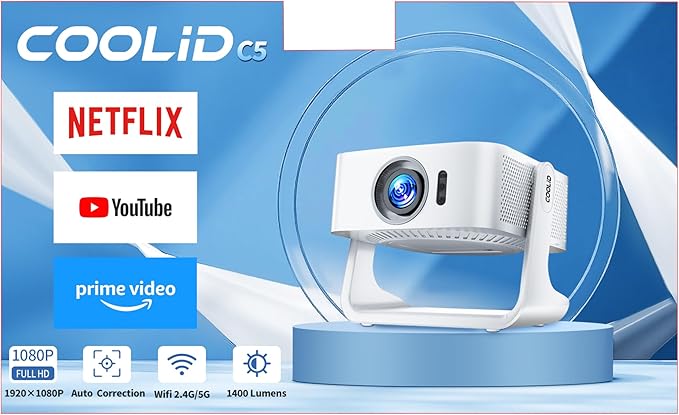 [Netflix-Licensed Projector] Projector 4K , 1080P Smart Mini Projector with WiFi & Bluetooth, Portable Outdoor Projector Auto Focus & Keystone, 270° Adjustable Stand for Home Movie Projector - White