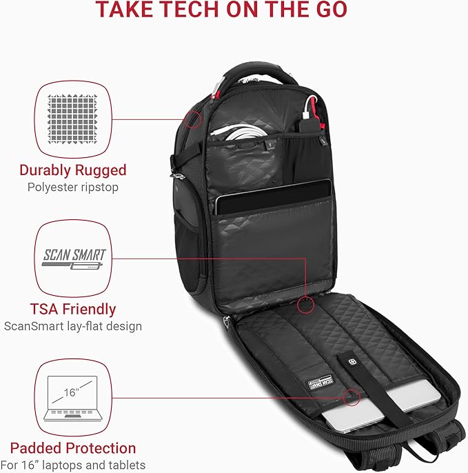 SwissGear Travel Tech Elite Laptop Backpack – Fits Laptops up to 16” – ScanSmart TSA-Friendly Backpack with USB Port, Shoe Compartment & Organizer Pockets – Black Dot