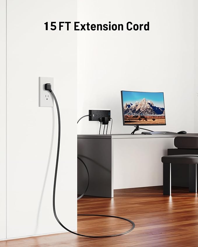 Surge Protector Power Strip 4800J, LeZone 15Ft Long Extension Cord Flat Plug, 12 Outlets 2 USB C 2 USB Ports, Wall Mountable, 20W Desk Charging Station, Black