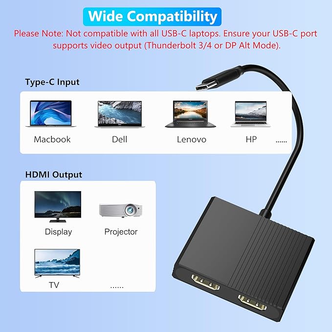 HDMI Splitter for Dual Monitors, 4K@60Hz USB C to Dual HDMI Adapter for Dell/HP/Mac Laptops with PD, USB3.0, Double HDTV Adapter for 2 Monitors, HDTV Splitter Extended Display, USB-C Hub Multiport