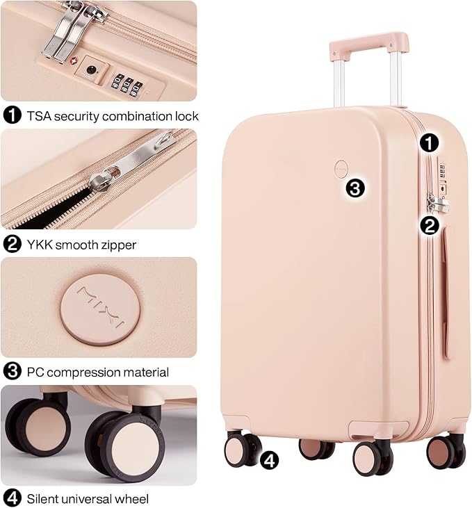 mixi Luggage Suitcase with Spinner Wheels, Hardside Rolling Suitcase PC with Cover & TSA Lock Lightweight Travel Case 26in Checked in, Pink