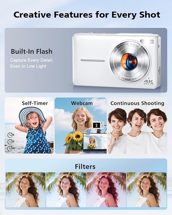4K Digital Camera, 64MP Autofocus Vlogging Camera with Front Rear Lens, Flash, 16X Zoom, Anti-Shake, 32GB Card, Compact Point Shoot Camera for Teens Adult Beginner Travel Photography(White)