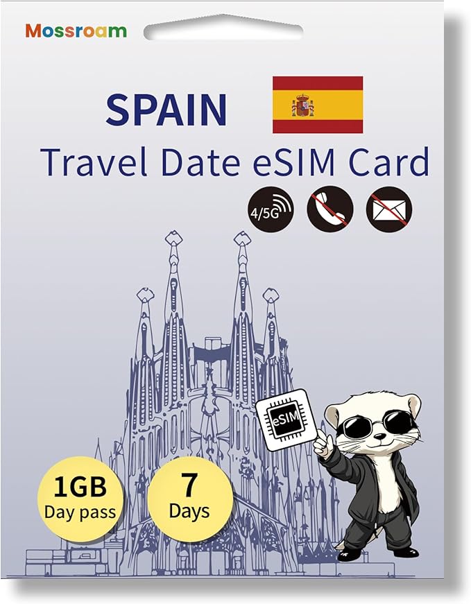 Spain eSIM Card: 1 GB High-Speed Daily Data, 7 Days Prepaid Plan for Madrid, Hotspot Support | Ideal for Travel No Contract, No SIM Card,No Voice Call, No SMS