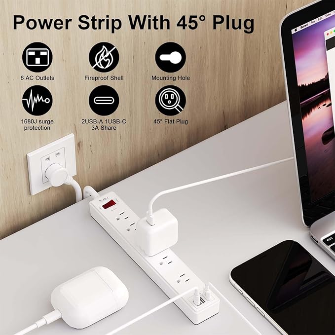 20Ft Power Strip Surge Protector - Yintar Extension Cord with 6 AC Outlets and 3 USB Ports for Home, Office, Dorm Essentials, 1680 Joules, ETL Listed, White