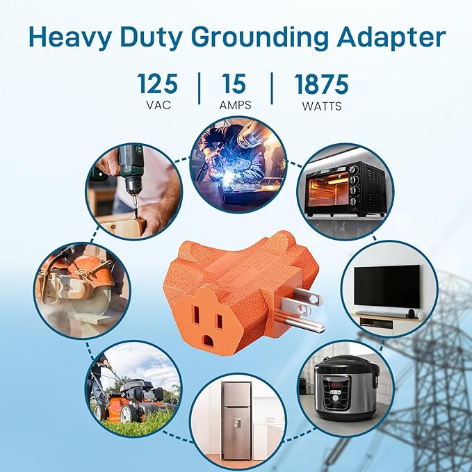 K KASONIC - 3-Outlet Grounding Adapter, [UL Listed] Plug Extender, Heavy-Duty Grounded Power Tap - 3 Pack (Orange)