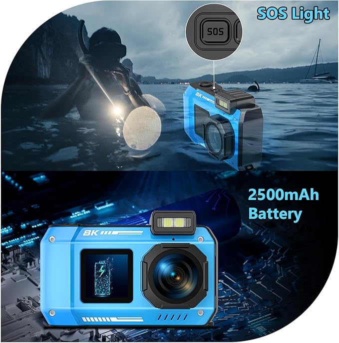 UHD 8K Underwater Camera, 70MP 33FT WiFi Waterproof Digital Camera with 64GB Card, Auto Focus Waterproof Dual-Screen Selfie 2500mAh Battery, 16X Floatable Digital for Snorkeling, Blue