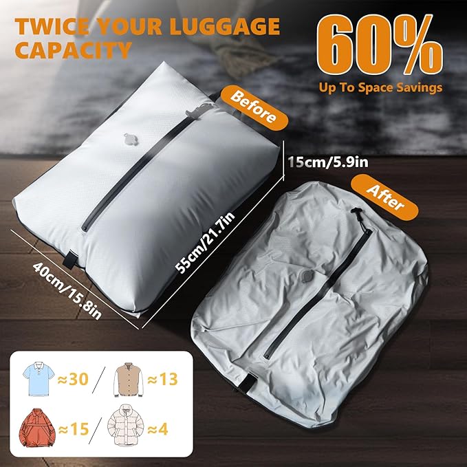 Dobaly 33L Professional Vacuum Bags for Travel with 55W Super Power Electric Pump, IP67 Reusable Vacuum Seal Bags for Clothing for Suitcases and Backpack Space Saver Bags for Travel (1PC+Pump)