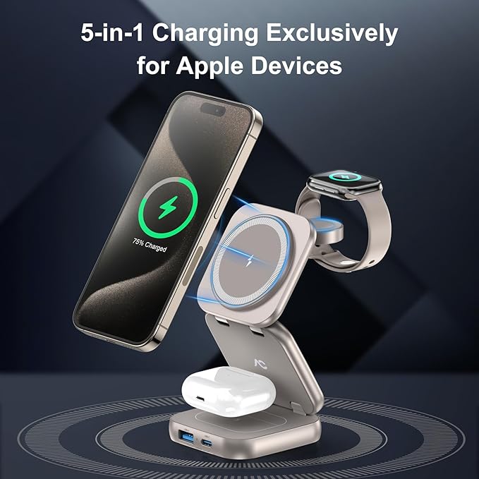 5-in-1 Wireless Charger for MagSafe, AC ISLAND Portable Travel Charging Station, 15W Max Fast Foldable Magnetic Stand, Evolved for iPhone 17/16/15/14/13 Series, Apple Watch, AirPods (with 35W Adapter)