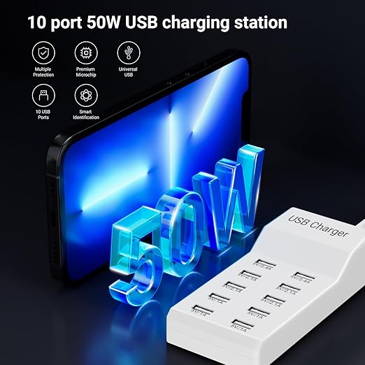 USB Charging Station 50w10A 10-Port Charger, Multiport Charger Hub, Compatible with iPhone, Galaxy, iPad Tablet, and Other Devices（White）