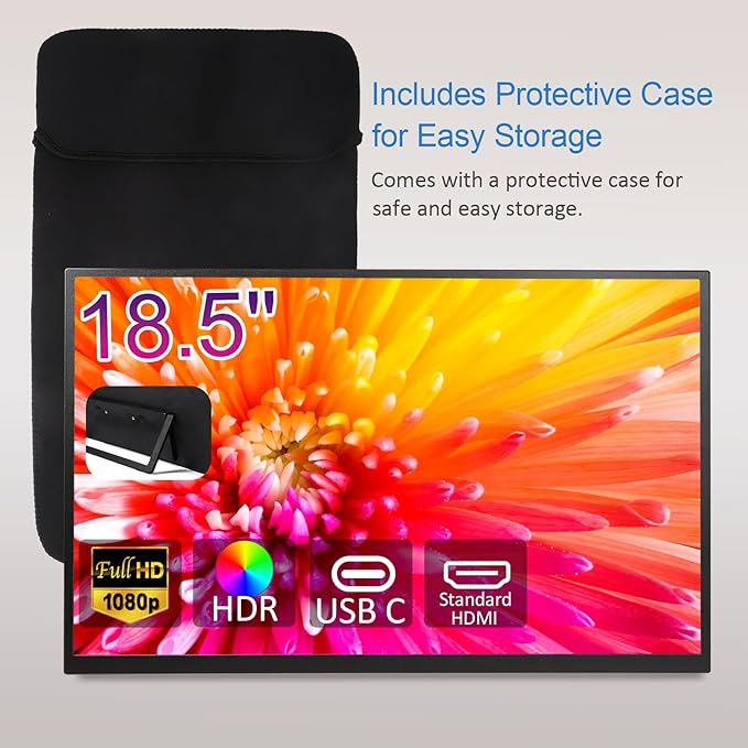 Portable Monitor, 1080P FHD 100Hz IPS Screen, 125% sRGB HDMI USB-C External Monitor for Laptop PC, Travel Second Display with Kickstand Case (18.5)