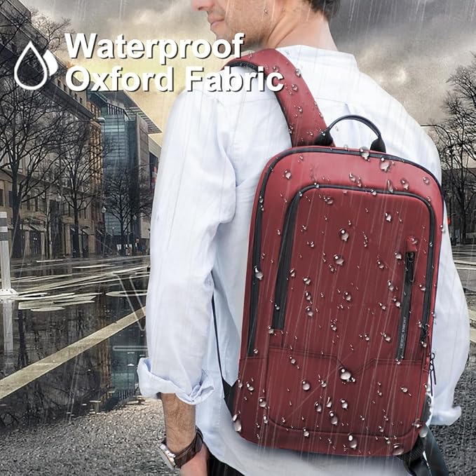 hk Backpack for Men Business Slim Backpack with USB Charger Computer Lightweight Anti-theft Travel (Red, 15.6 Inch)