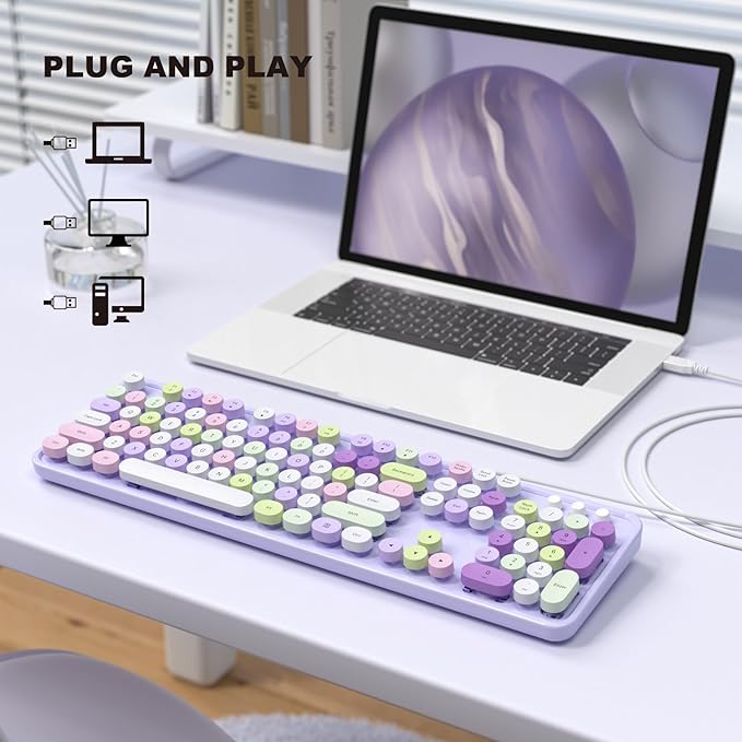 Colorful Computer Keyboards Wired, USB Plug and Play Full Size Typewriter Keyboard, Cute Aesthetic Keyboard with Foldable Stands for Windows PC Laptop (Purple)
