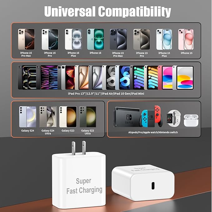 iPhone 17 16 Pro Max Charger Fast Charging, 45W Super Fast USB C Chargers for iPhone 16 (6FT+6FT+10FT) Type C Chargers Cord with Fast Charger Block for iPhone 17/16/15 Series/iPad/ GalaxyS24