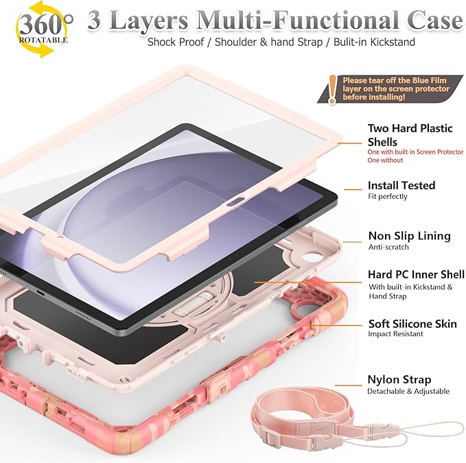 SEYMAC stock Case for Samsung Galaxy Tab A9+ Plus 11'', Full-Body Drop Protection Case with Screen Protector Pencil Holder [360° Rotating Hand Strap] &Stand, Pink Camo