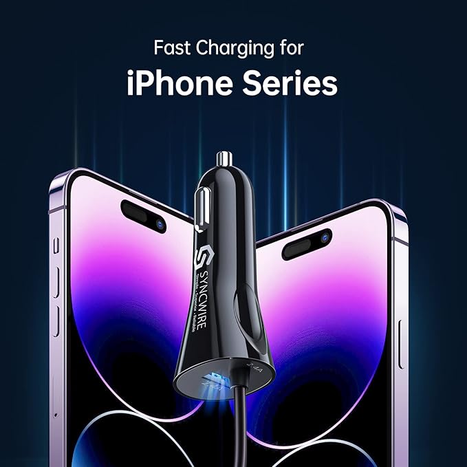 Syncwire iPhone Car Charger - Upgrade [Apple MFi Certified] 4.8A/24W Car Charging Adapter with Built-in Coiled Lightning Cable for Apple iPhone 14/13/12/11/Xs/XS Max/XR/X/8/7/6 Plus, iPad & More