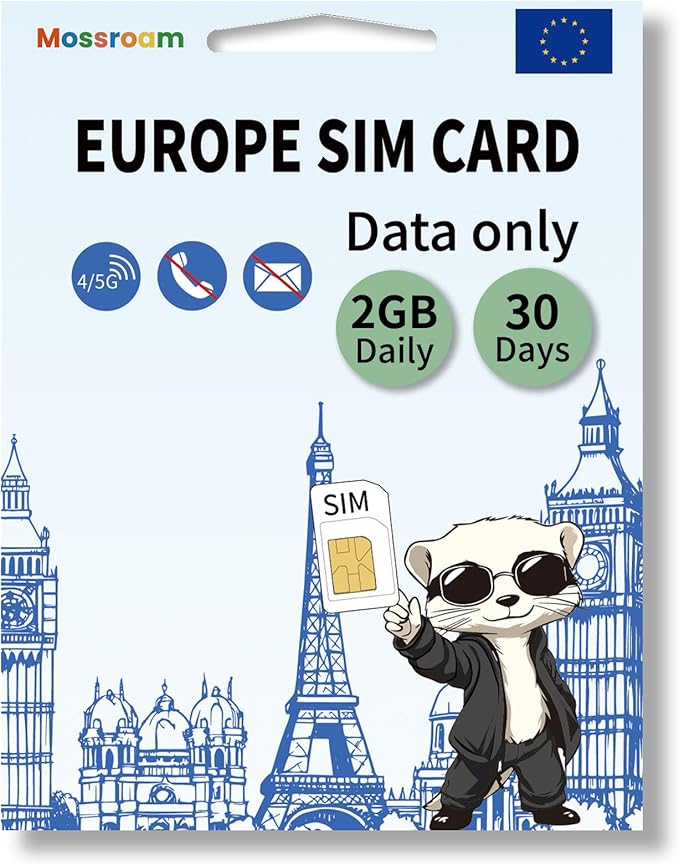 Data SIM Card for Europe Travel 30 Days 2GB Daily for Unlocked Phones,Easy Activation 4/5G High-Speed Communication, Coverage of All European Countries