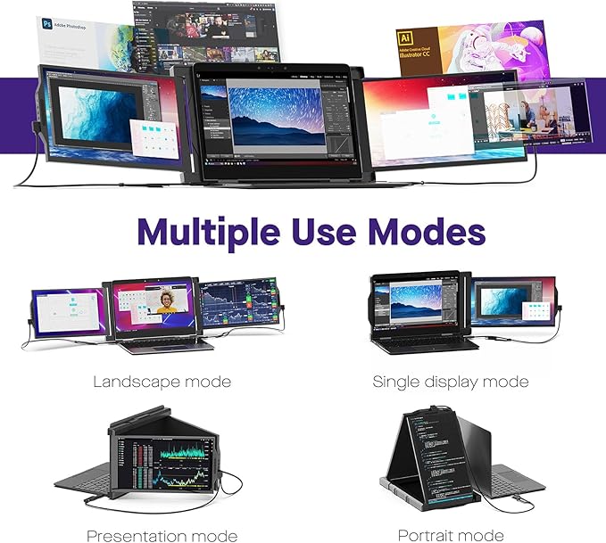 New Mobile Pixels Trio Portable Monitor, 13.3" Triple Monitors for 13''-14.5'' Laptops (Built-in Kickstand), USB A/Type-C FHD IPS Laptop Screen Monitor(Optional Magnets), Windows/Android/macOS/Switch