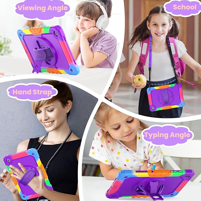 SEYMAC stock Case for Samsung Galaxy Tab A8 10.5'', Full-Body Drop Protection Case with Screen Protector Pencil Holder [360° Rotating Hand Strap] &Stand, Purple+Colorful