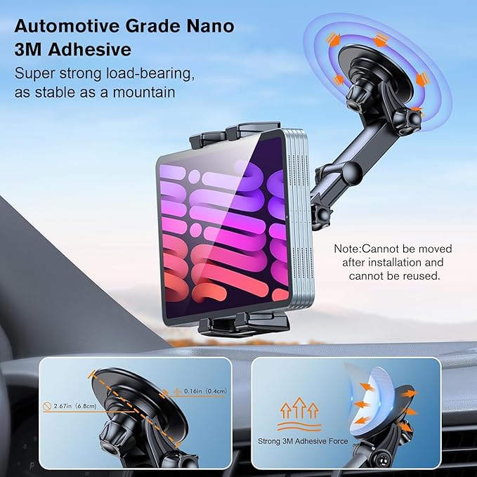 OHLPRO Tablet Holder for Car with 3M Adhesive, 360° Rotation Adjustable iPad Car Mount, Universal for Windshield and Dashboard Stand, Compatible with iPad/mini Samsung Galaxy 5"-13" Tablet, Android