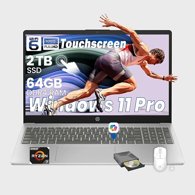 HP Flagship 15.6" Touchscreen Business Laptop, AMD Ryzen 7 7730U, FHD Anti-glare Display, AMD Radeon GPU, AI Noise Reduction, Lightweight, Copilot, Wi-Fi 6, Win 11 Pro, 64GB RAM + 2TB SSD, Accessories