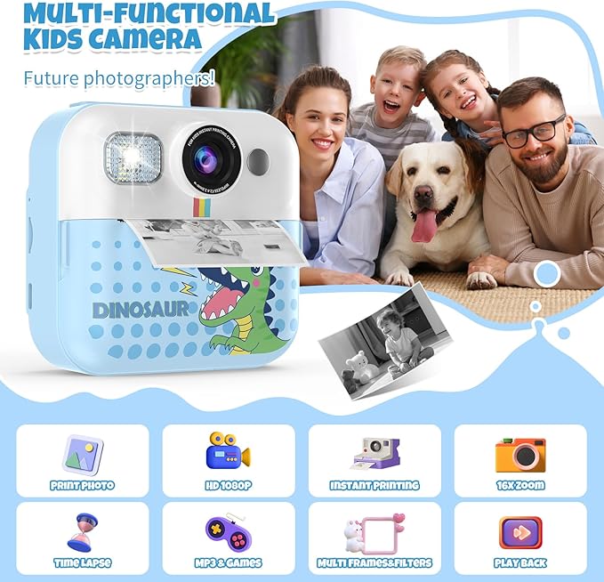 Instant Print Camera for Kids, Toddler 1080P Toys Printable Selfie Cameras, Christmas Birthday Gifts for Girls Boys Age 3-10 with 3 Roller Photo Paper(Blue)
