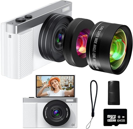4K Digital Camera, 64MP Vlogging Camera for Photography with 3" 180° Flip Screen,Macro and Wide-Angle Lenses,16X Digital Zoom Point and Shoot Camara with 64GB Micro SD Card for Beginner, Teens