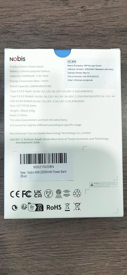 NOBIS Portable Charger, 20000mAh Power Bank, 45W Power Bank Fast Charging, Battery Pack with C to C Cable, Battery Bank with Digital Display for iPhone Android Laptop etc(Blue)