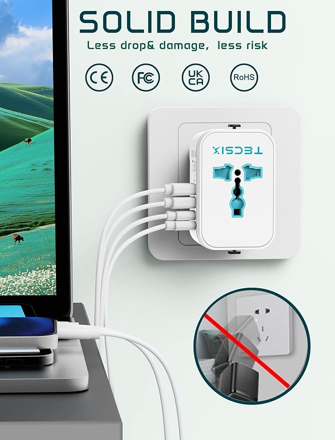 Universal Travel Adapter Worldwide, TECSIX European Travel Plug Adapter with 2 USB C, 2 USB A and Multi AC Outlets, International Power Adaptor for EU US UK AUS 200+ Countries Type A C G I