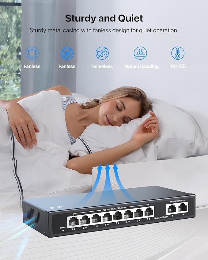 ZOSI 8 Port Gigabit PoE Switch with 2 Gigabit Uplink Port, 96W for 8 PoE+ Ports, IEEE802.3af/at, Unmanaged Ethernet Switch, Plug & Play, Sturdy Metal Casing, Desktop/Wall-Mount