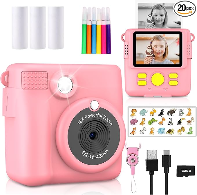 Instant Print Camera for Kids,Christmas Birthday Gifts for Age 3-12 Girls Boys，1080P HD Digital Video Cameras for Toddler,Kids Portable Toy with 3 Rolls Photo Paper，32GB Card-Pink