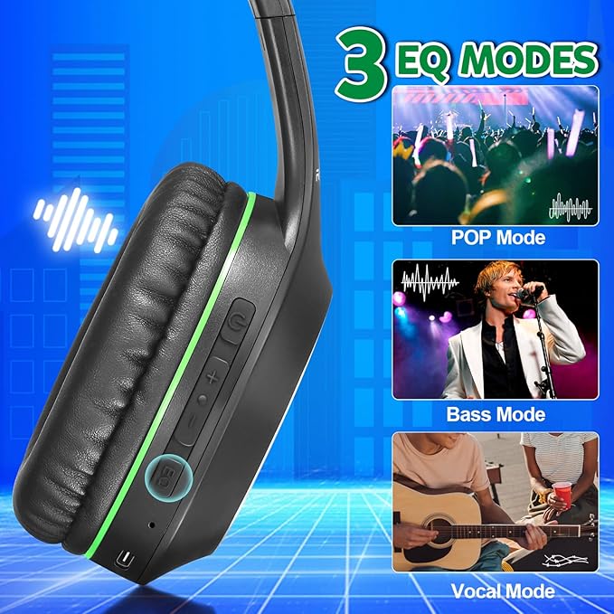 Bluetooth Headphones Over Ear, 68H Playtime 3 EQ Music Modes Wireless Headphones with Microphone/Deep Bass, HiFi Stereo Foldable Headset for PC Home Travel Office (Black Green)