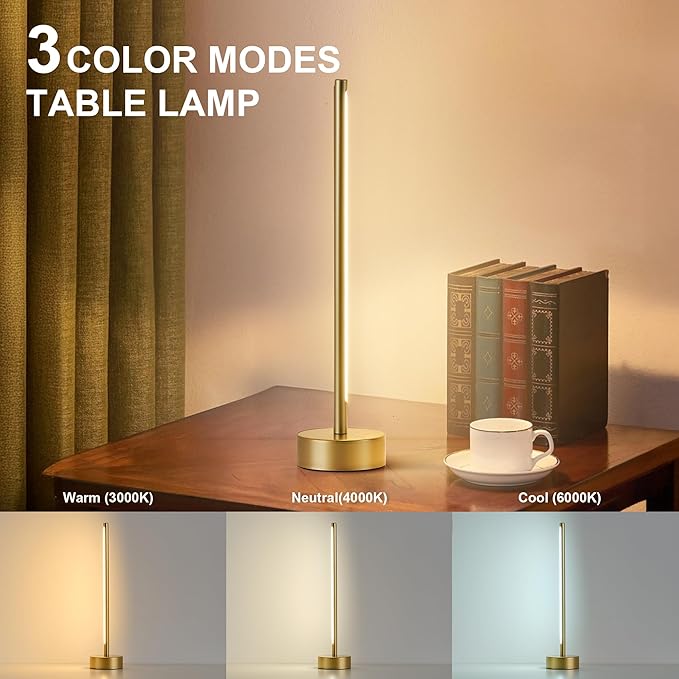 Cordless LED Table Lamp, Battery Operated Portable Desk Lamp,Dimmable/3 Color/Memory Function,Modern Rechargeable Table Light for Living Room,Bedroom,Bedside,Gold