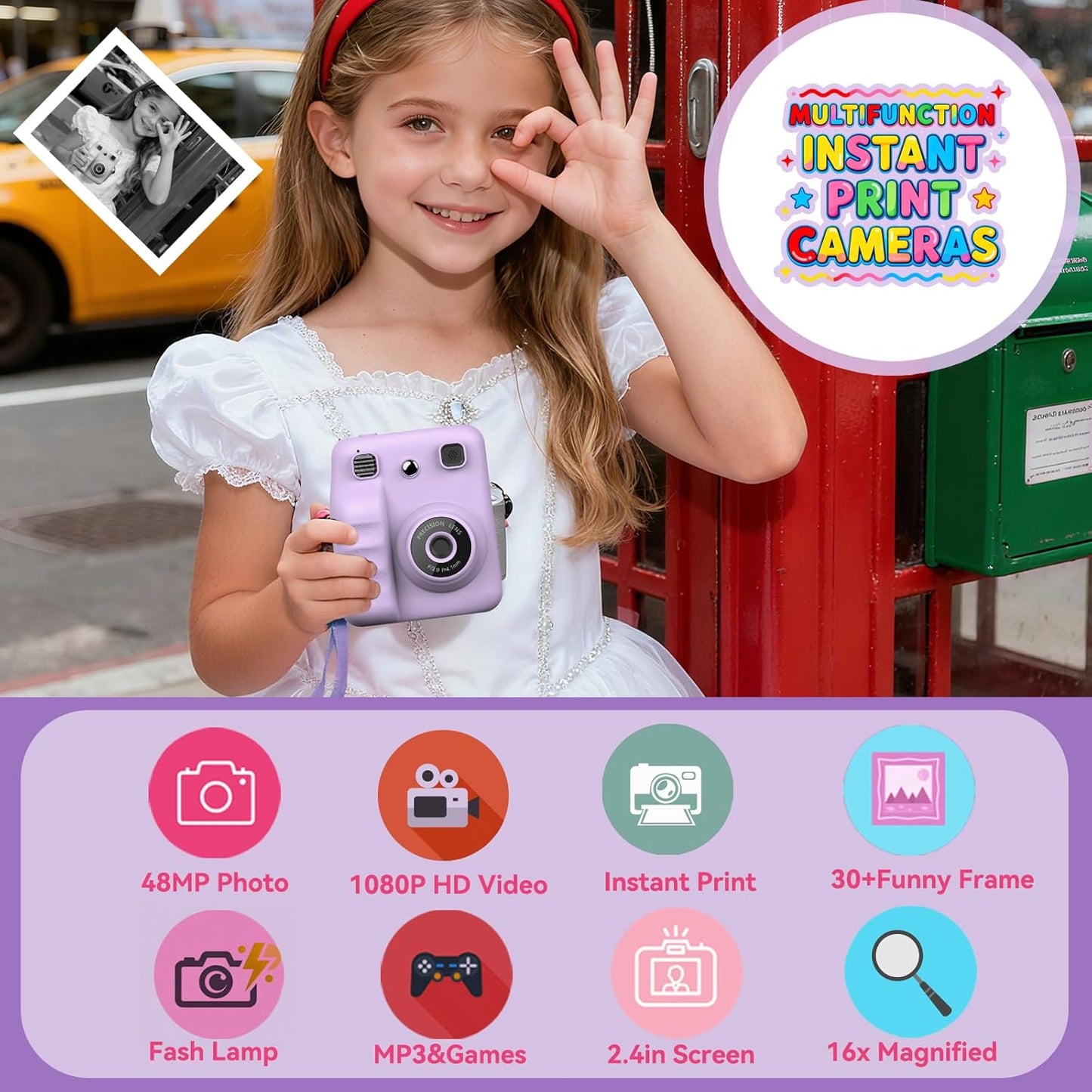 Kids Camera Instant Print,1080P Instant Cameras That Print Photos,Christmas Birthday Gifts for Kids Age 3-12,Toddlers Instant Digital Cameras for Boys and Girls with 32G Card