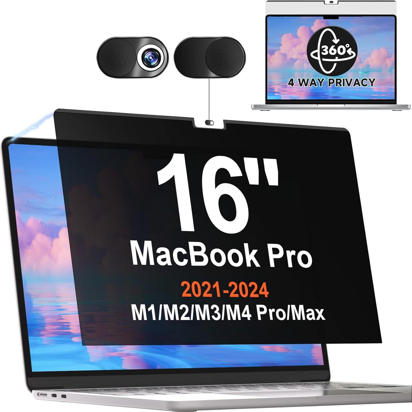 Magnetic 360° Privacy Screen for MacBook Pro 16 Inch (2021-2024, M1, M2, M3, M4, Pro, Max), Removable Anti Glare Blue Light Filter, 4 Way Anti Spy Black Protector for Mac Pro 16In Laptop Computer
