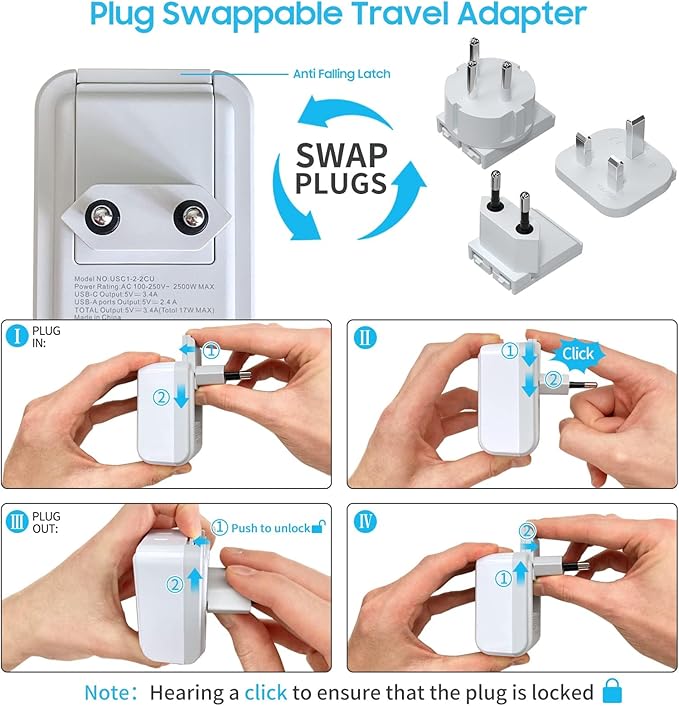 VINTAR Israel Adapter Plug Kit, UK Adapters for Travel with 3 USB Ports (2 USB C) and 2 American Outlets, Type C,G,H Swap&Adapt Attachments, Adapter for Europe and UK Israel Ireland Iceland