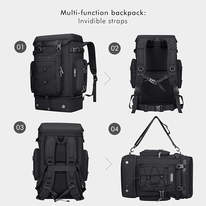 WITZMAN Travel Backpack for Men Women Carry on Bags for Airline Approved Convertible Duffle Luggage Backpack Shoe Compartment (B691 Black)