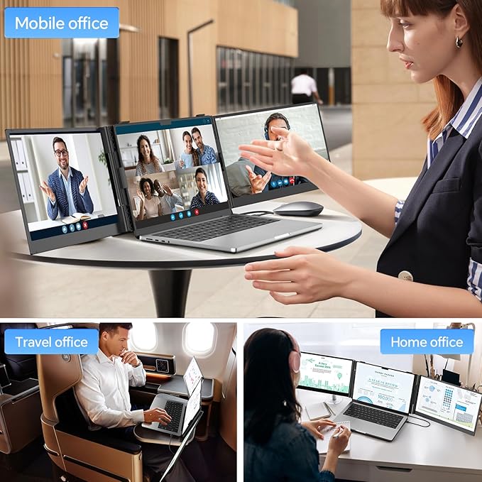 14.2’’ Triple Laptop Screen Extender, 0.17" Ultra-Slim FHD 1080P Portable Monitor for Laptop, Tri-Screen Travel Monitor Extender, Plug-Play for Windows/Mac/Chrome, Fit 13”-17.3” Laptops