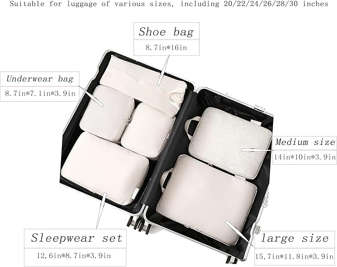6-piece travel compression packaging cube - foldable travel bag expandable, luggage storage bag. (beige)